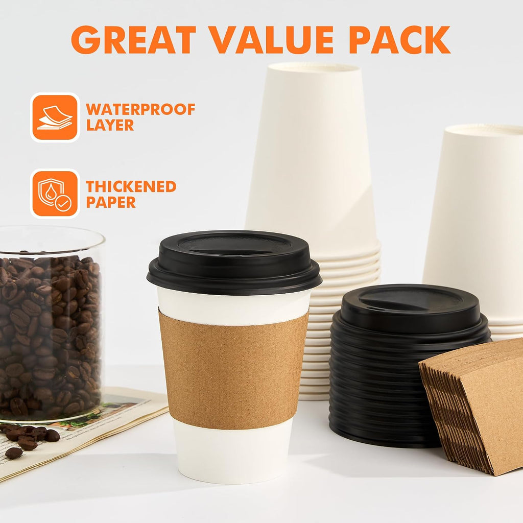 100 Pack 12 oz Disposable Coffee Cups with Lids and Sleeves,White
