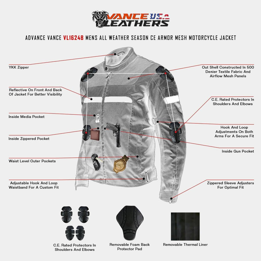Mens Advanced All-Season Reflective Mesh & Textile Motorcycle Jacket w/CE Armor & Removable Liner
