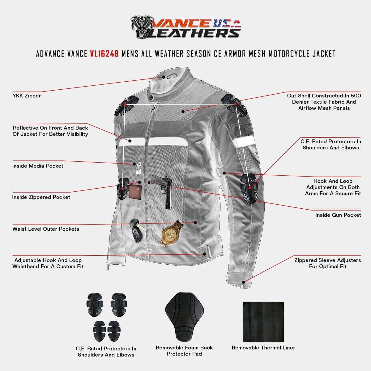 Mens Advanced All-Season Reflective Mesh & Textile Motorcycle Jacket w/CE Armor & Removable Liner