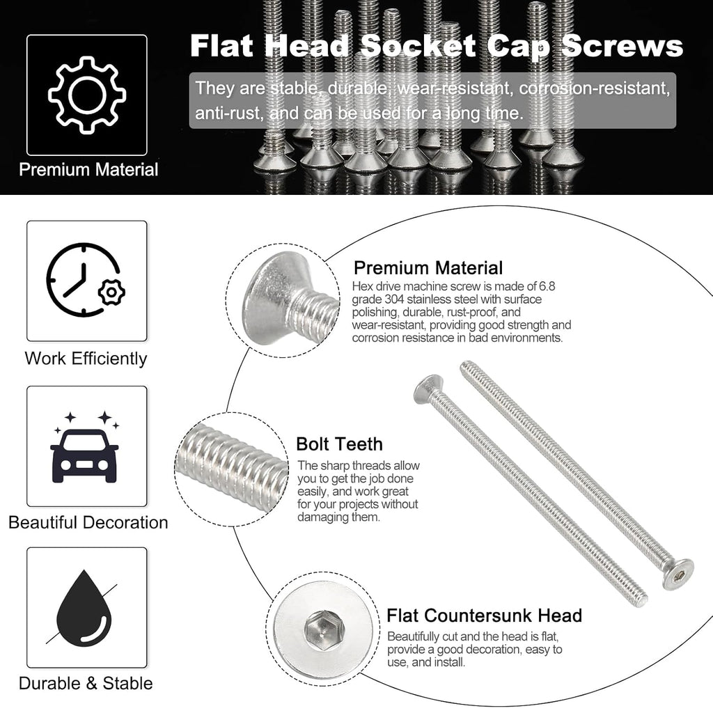 PATIKIL #8-32 x 3 Inch Flat Head Socket Cap Screws, 20 Pack 304 Stainless Steel Flat Countersunk Bolts Hex Socket Drive Machine Screws Full Thread Coarse Thread UNC Grade 6.8