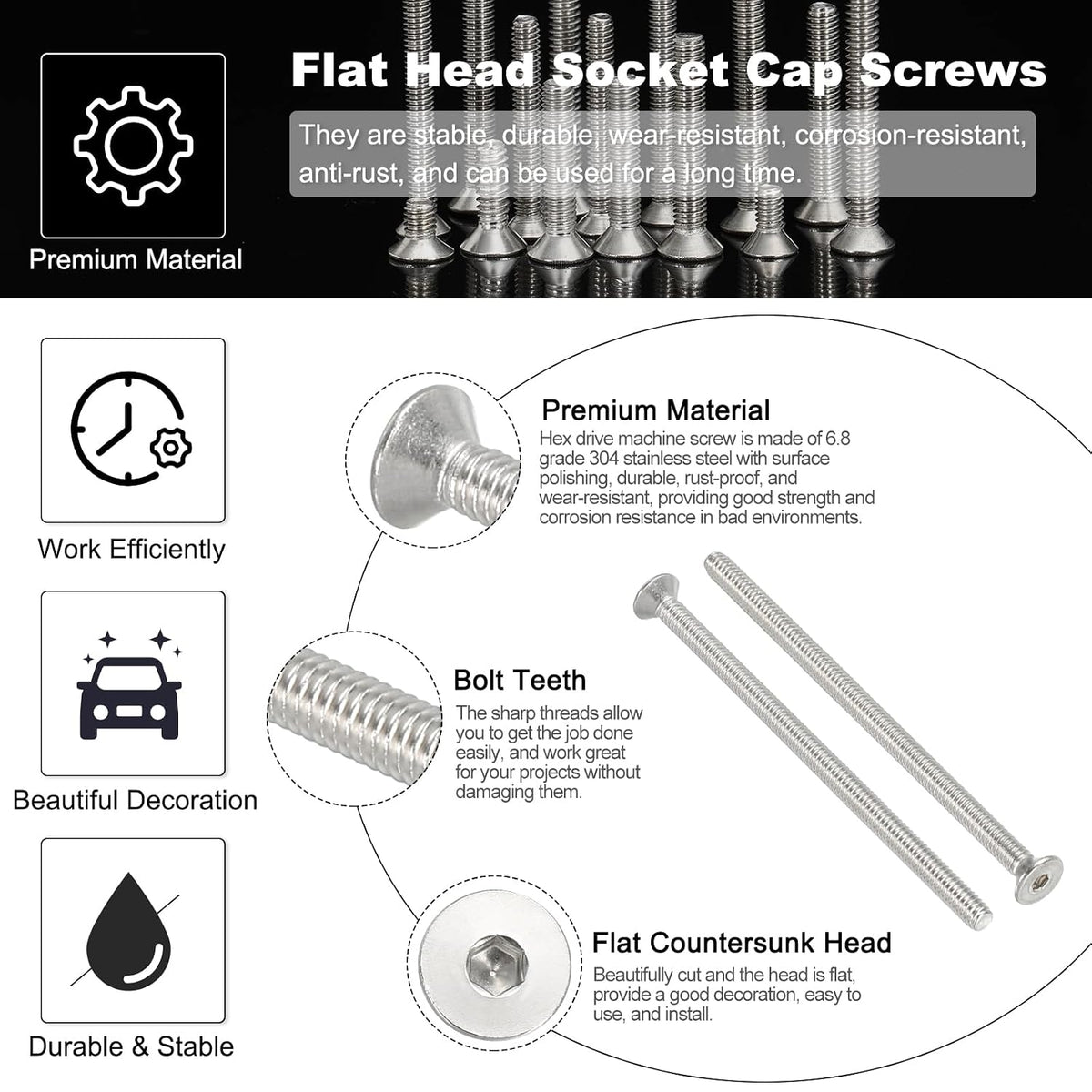 PATIKIL #8-32 x 3 Inch Flat Head Socket Cap Screws, 20 Pack 304 Stainless Steel Flat Countersunk Bolts Hex Socket Drive Machine Screws Full Thread Coarse Thread UNC Grade 6.8