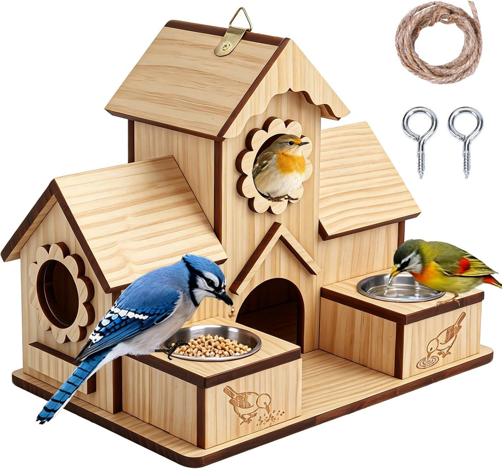 4-Hole Birdhouse for Outside with Feeding Tray, Cedar Wood