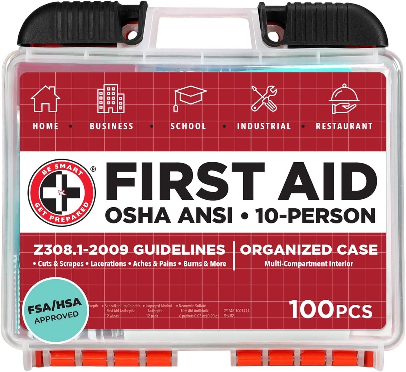 OSHA/ANSI First Aid Kit - 10 Person, 100 Pieces - Designed for Home, Business, School, Industrial, and Restaurants