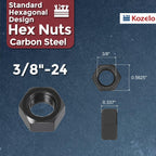 Kozelo 20pcs Hex Nuts 3/8"-24 Carbon Steel Fine Thread Black