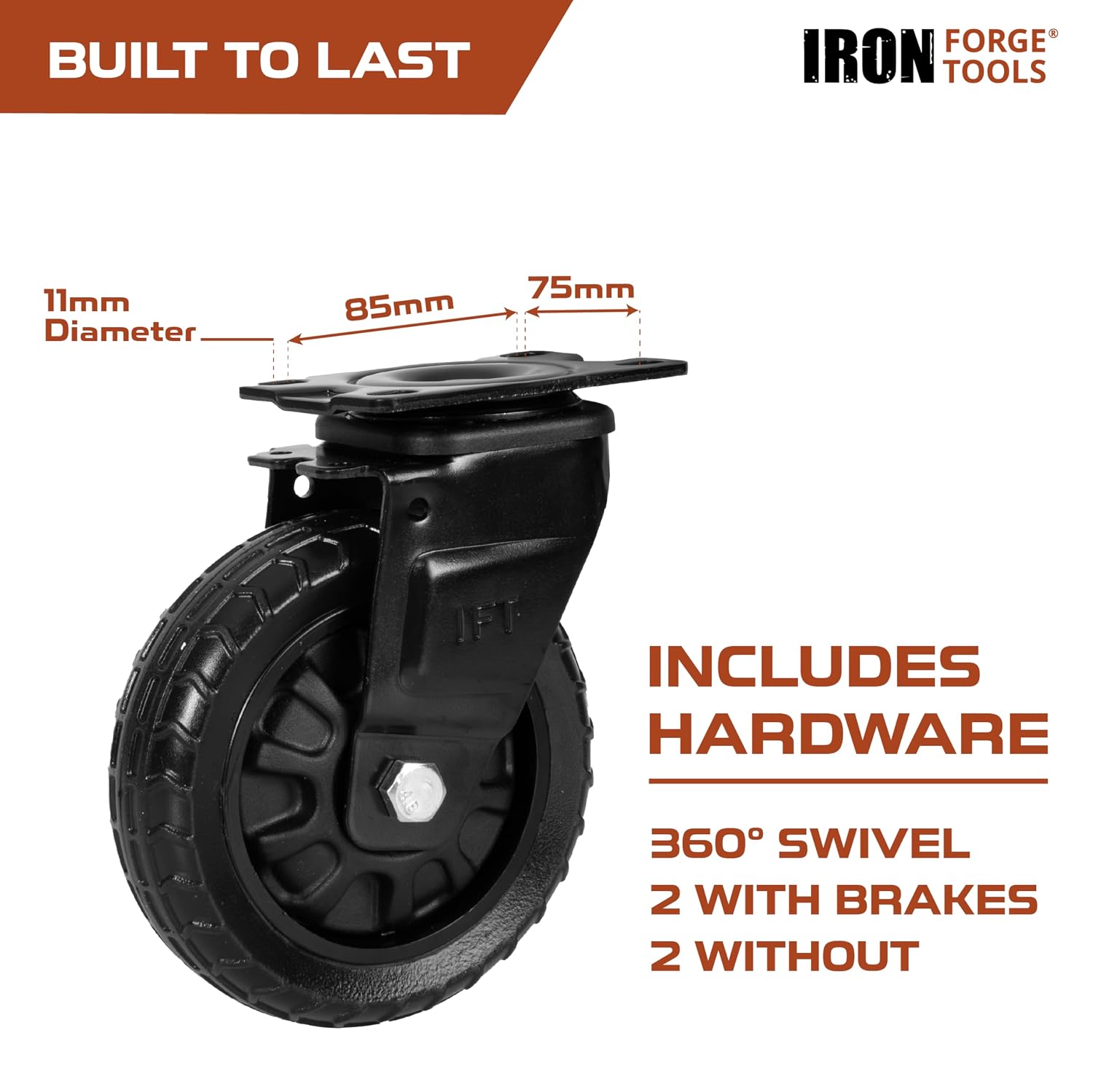 Medium Duty Swivel Knobby Casters, Set of 4-5 Inch | 6 Inch Height, Flat-Free Solid PU Tread, 2 Casters with Brakes
