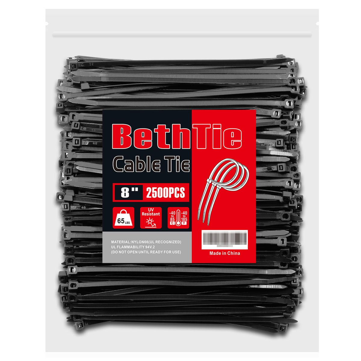 BethTie 8 Inch Black Zip Ties 2500 Pcs, 65 LBS UV Resistant Cable Ties