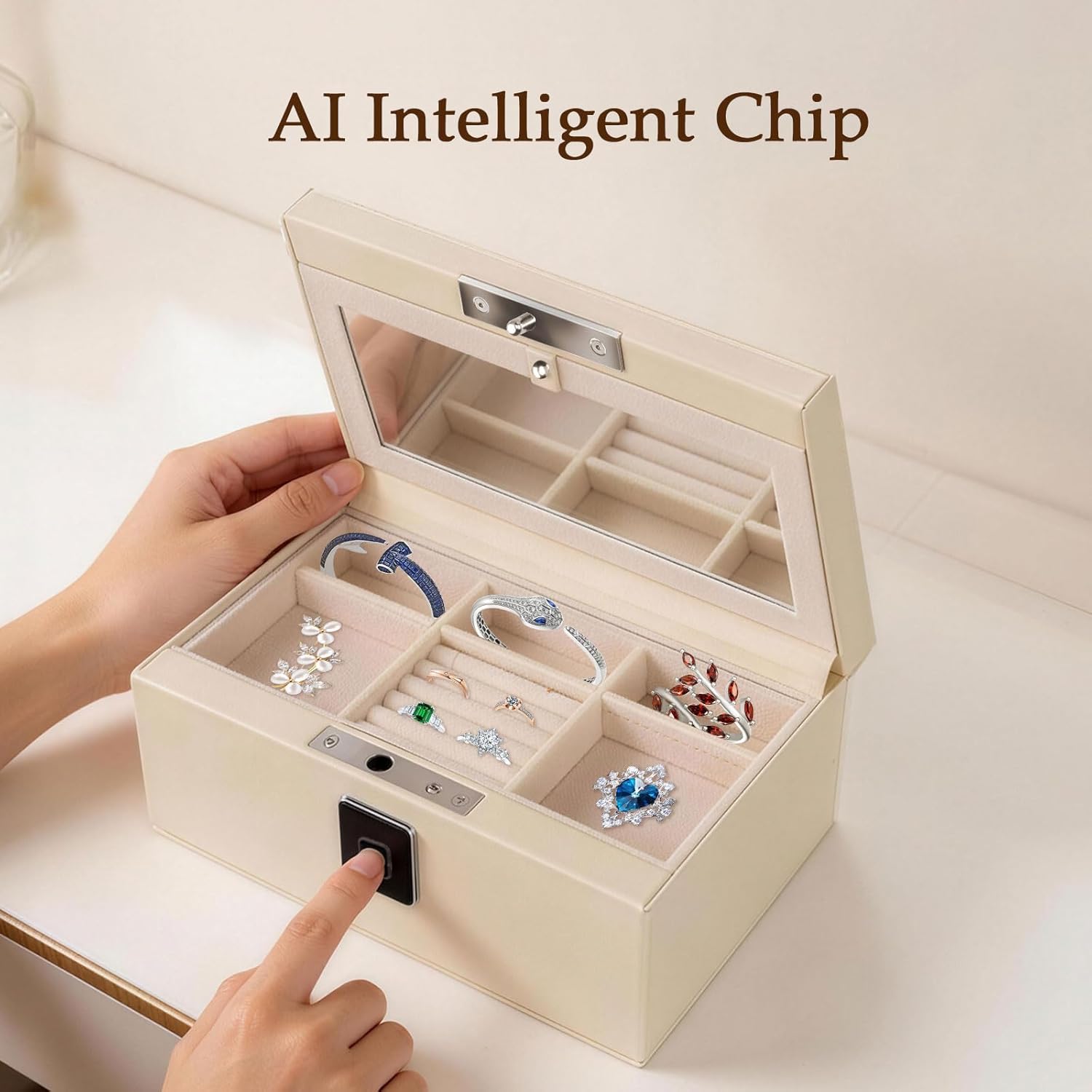Jewelry Safe, Biometric Fingerprint Safe, Leather Wrapped Jewelry Box with Lock & Mirror, Ultra-Lightweight Jewelry
