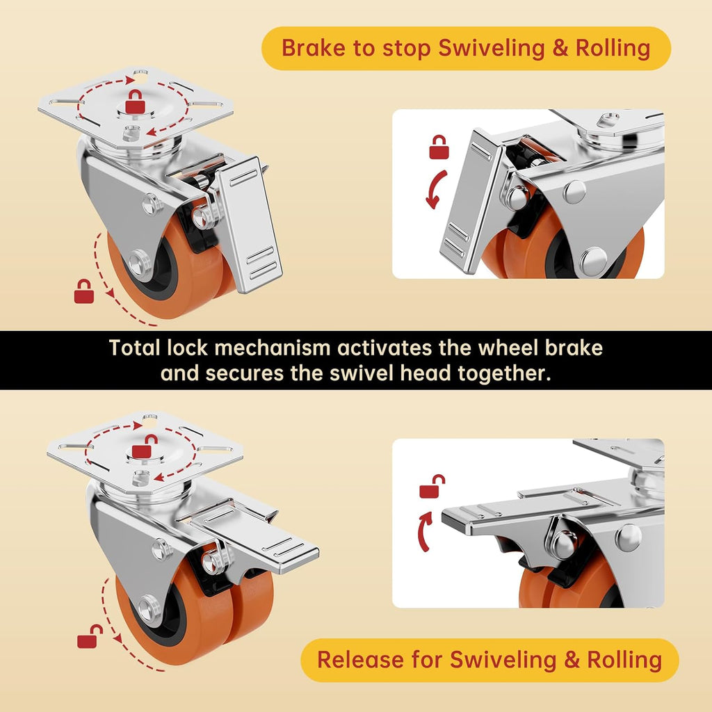 2 Inch Heavy Duty Caster Wheels Set of 4 Locking Plate | 880lb, 360° Swivel, TPR Floor-Safe, Industrial Casters