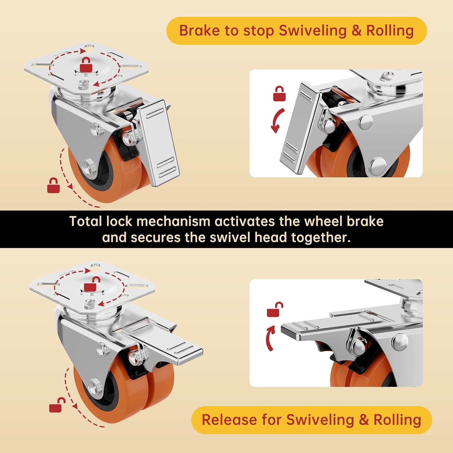 2 Inch Heavy Duty Caster Wheels Set of 4 Locking Plate | 880lb, 360° Swivel, TPR Floor-Safe, Industrial Casters