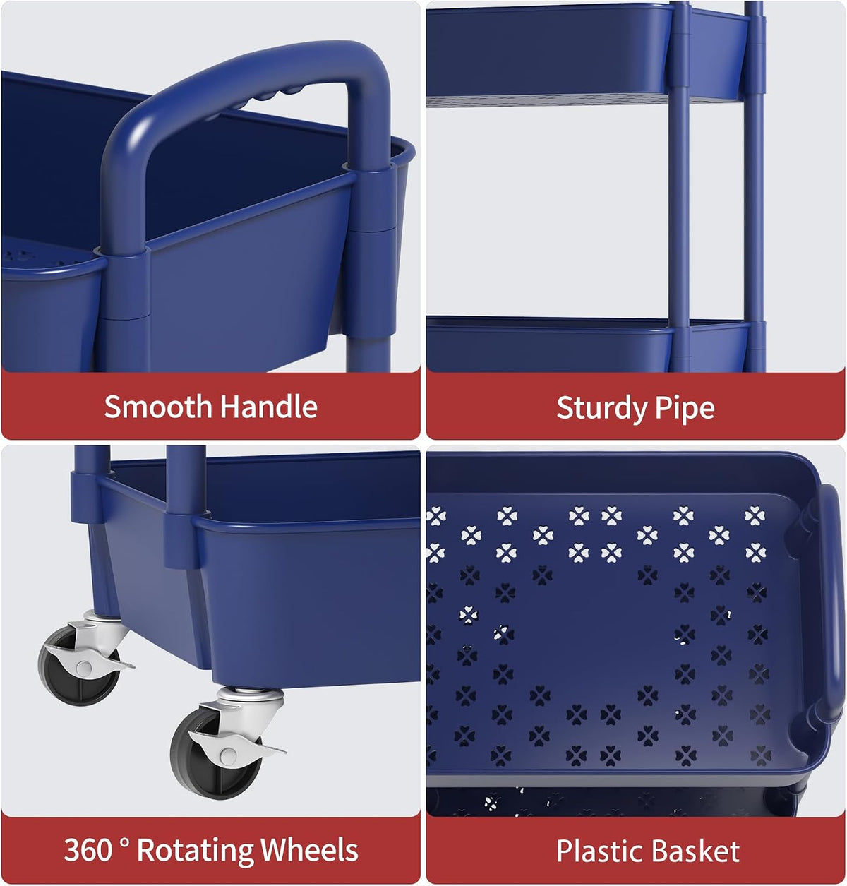 3-Tier Plastic Rolling Utility Cart with Wheels for Storage,Blue