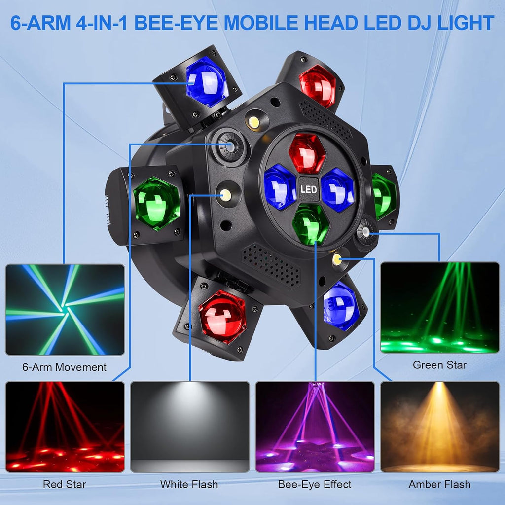 Moving Head DJ Lights 150W RGBW, 6-Arm Party Stage Light with Remote | 150W RGBW 6-arm beams, DMX-512 &