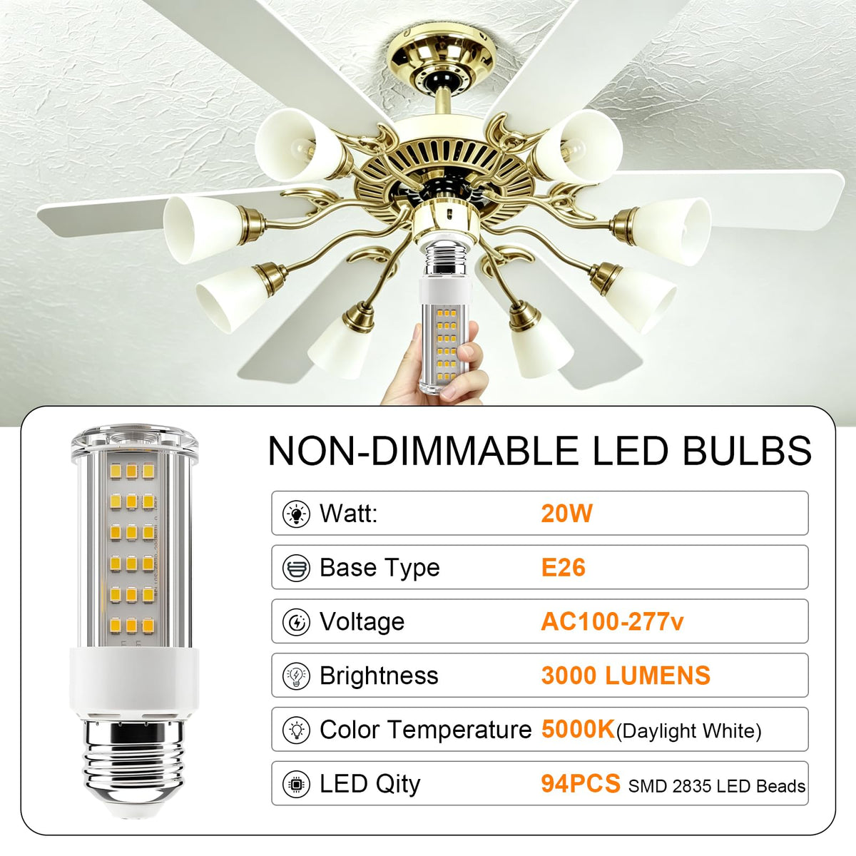 6-Pack 20W LED Corn Light Bulb - 150W Equivalent,3000LM,E26/E27 Base 5000K