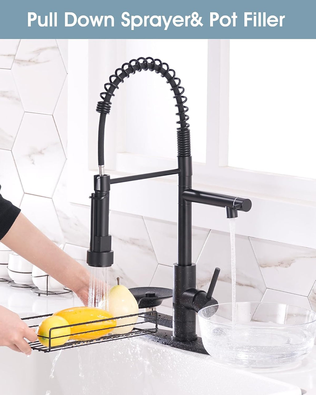 Kitchen Sink Fuacet with Glass Rinser, Single Handle Kitchen Faucet with Pot Filler, Pull Down Sparyer, Deck Plate