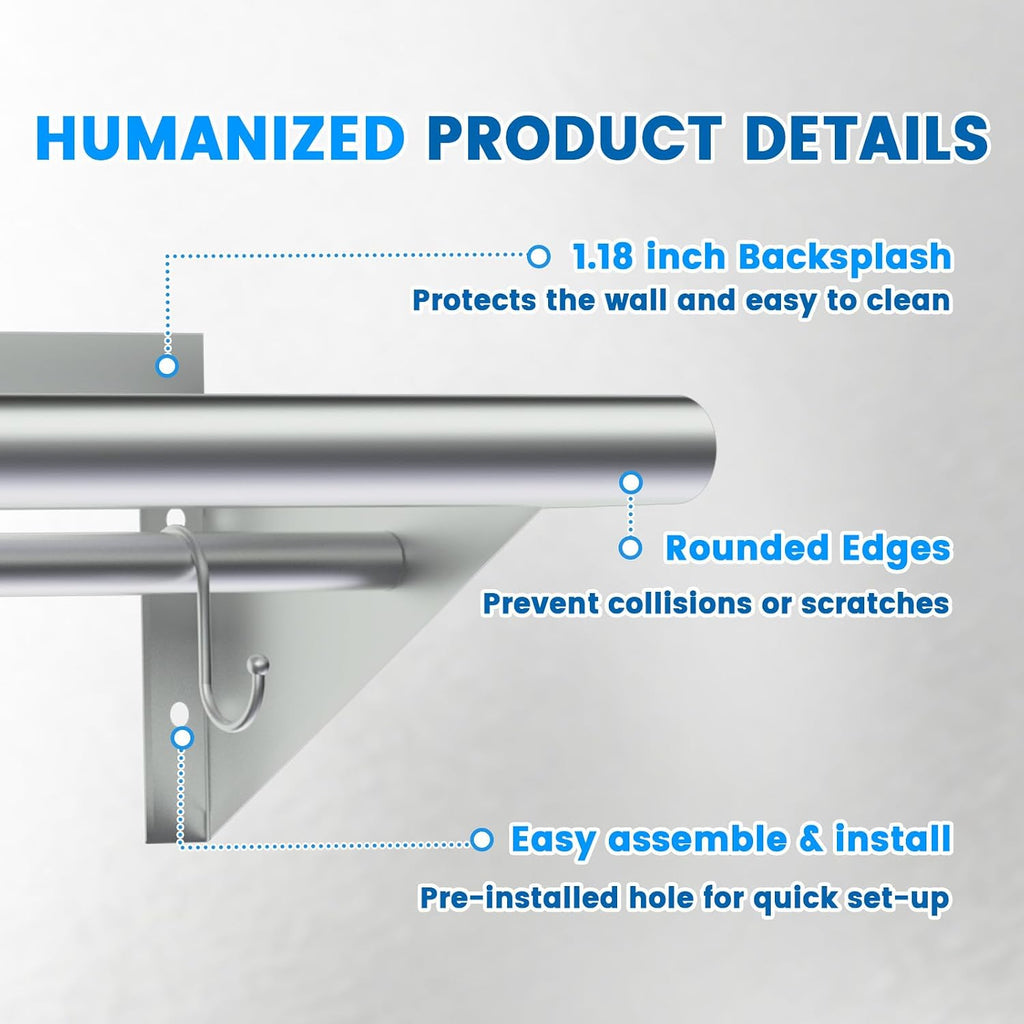 Stainless Steel Shelf with 6 Hooks 12" x 48" Commercial Pot Rack