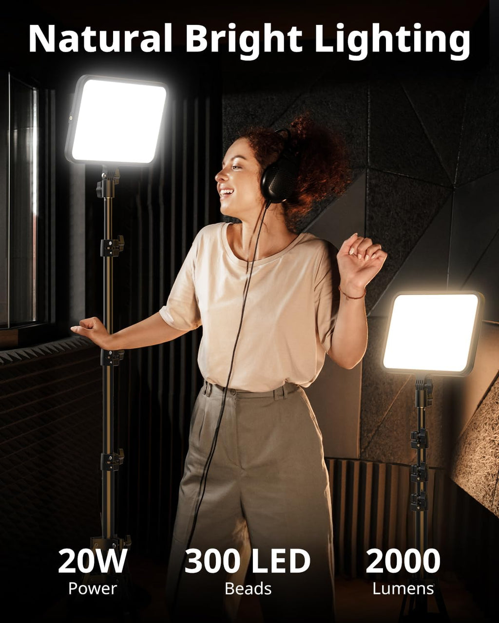 2 Pack LED Video Light Kit, Photography Lighting, 13" Studio Lights with 65" Tripod Stand and Phone Holders, Podcast