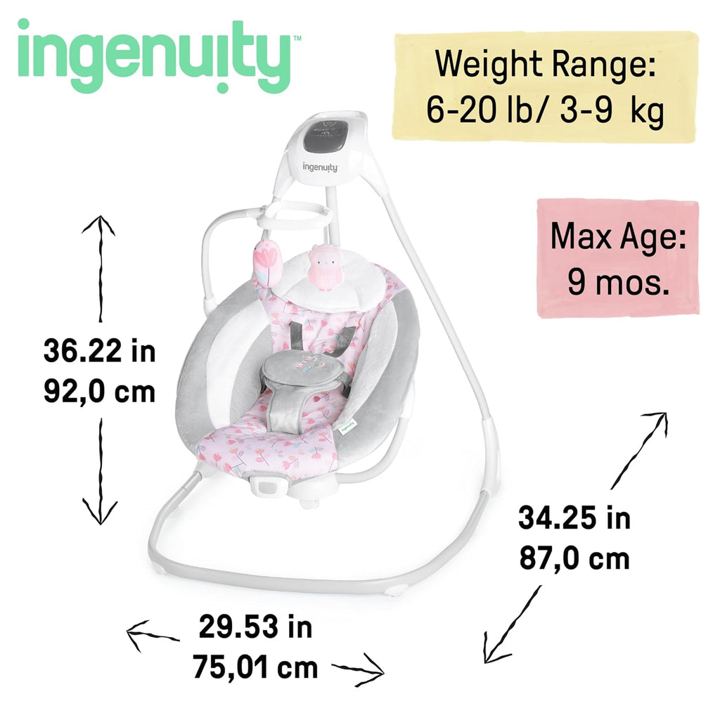 SimpleComfort Lightweight Compact 6-Speed Multi-Direction Baby Swing, Vibrations & Nature Sounds, 0-9 Months 6-20 lbs