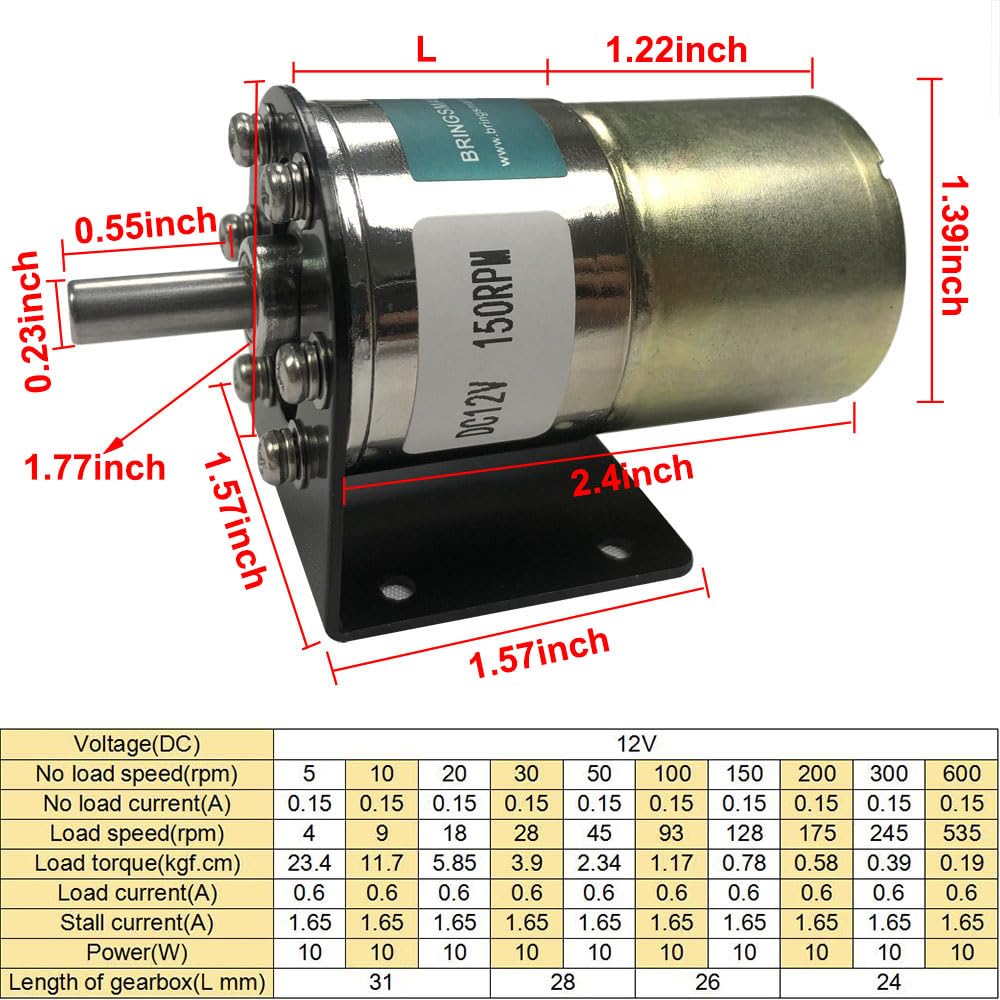 Bringsmart DC 12V 200rpm Gear Motor with Bracket Centric Shaft 37mm Gearbox