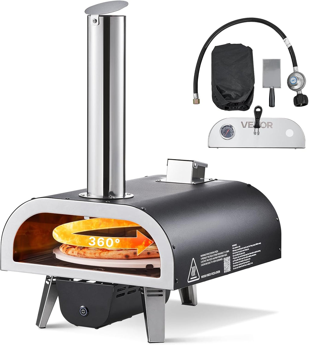 Dual Fuel Outdoor Pizza Oven, 12" Auto-Rotating Propane & Wood Pellet Pizza Ovens, Multi-Fuel Pizza Maker with