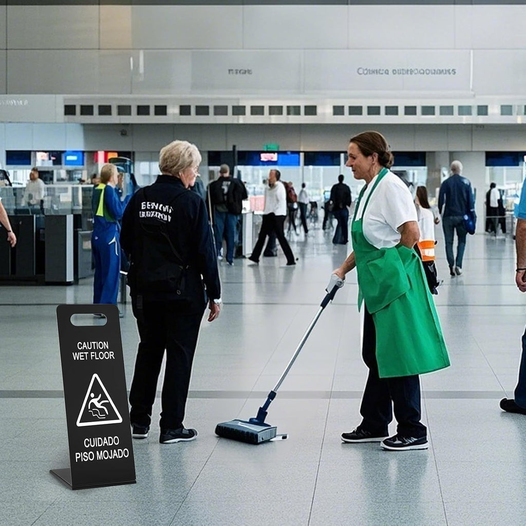 2 Pcs Stainless Steel Caution Wet Floor Sign 22 Inch Heavy Duty Bilingual Wet Floor Sign Portable L-frame Safety