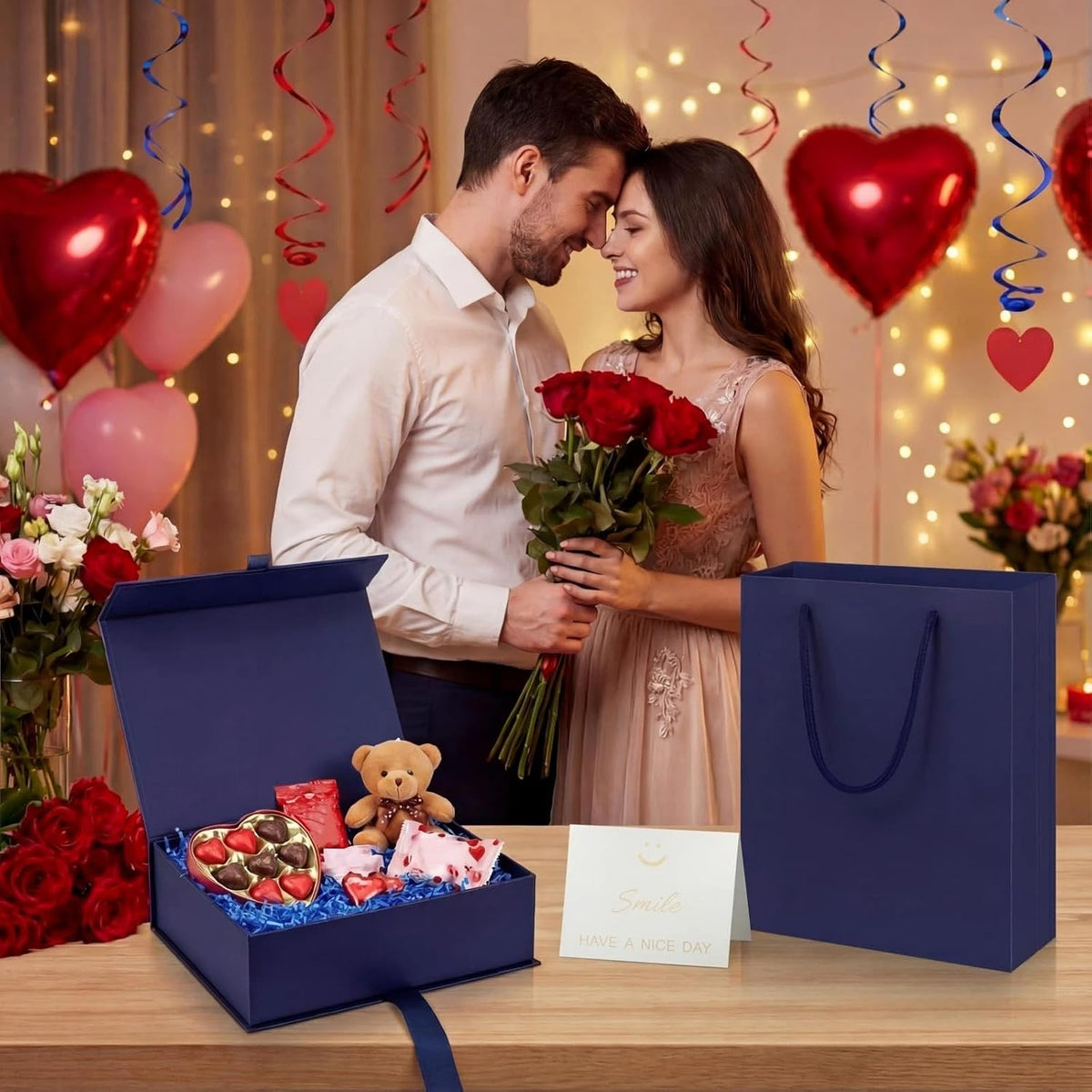 Dark Blue Luxury Gift Box with Lid Ribbon Bag and Card, 9x7x3