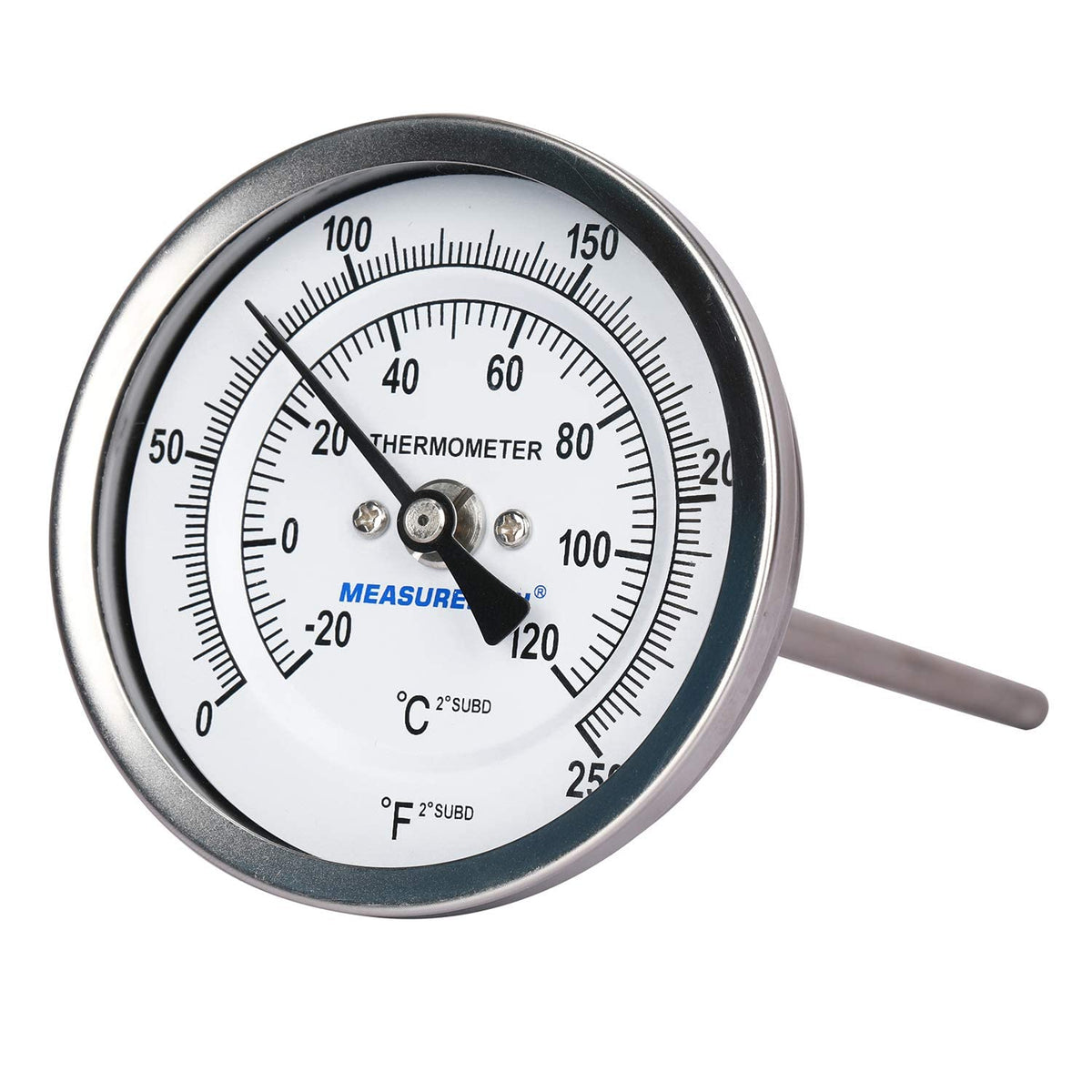 MEASUREMAN Fully Stainless Steel Pot, Kettle, Brewing Bimetal Dial Thermometer, 3" Dial, 6" Stem, 0-250 deg F/-20-120 deg C, -1% Accuracy, Adjustable, 1/2" NPT Back Mount