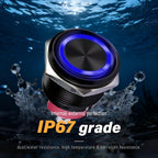 15Amp Latching Push Botton Switch 2PCS,16mm(0.63”) 12V-24V Black Shell AC/DC IP67 Waterproof with Red LED Angel Eye Light On and Off with Wire Socket.