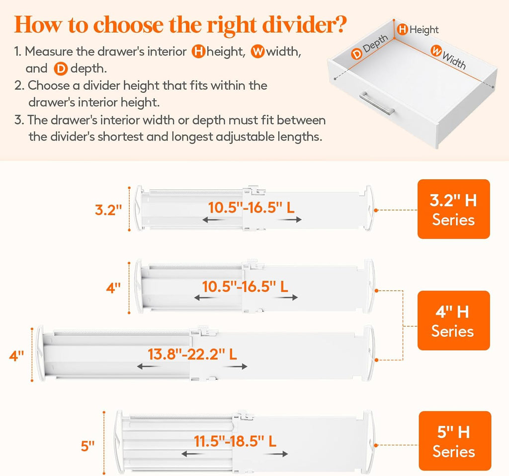 Drawer Dividers for Clothes, 3.2" High 10.5"-16.5" Expandable Dresser Drawer Organizers, Adjustable White Plastic
