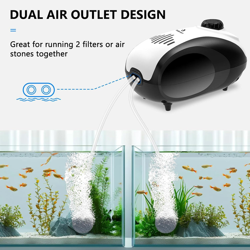 Aquarium Air Pump, 5W Dual Outlet Fish Tank Air Pump | Adjustable Airflow Oxygen Pump, Quiet Bubbler Aerator Pump