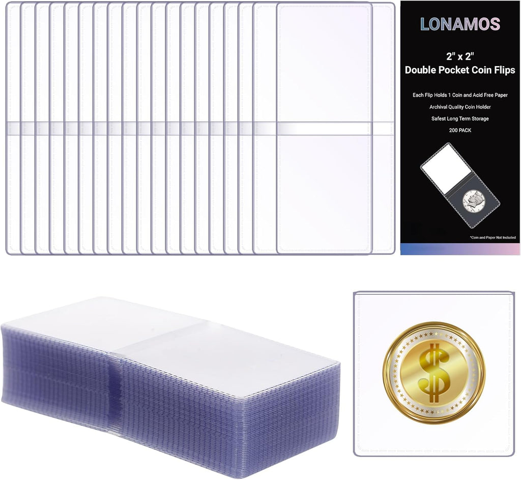 200-Pack 2 x 2 Inch Double-Pocket-Coin-Flips - Coin Pocket Holders, Unplasticized Coin Sleeves, Vinyl Coin Collection