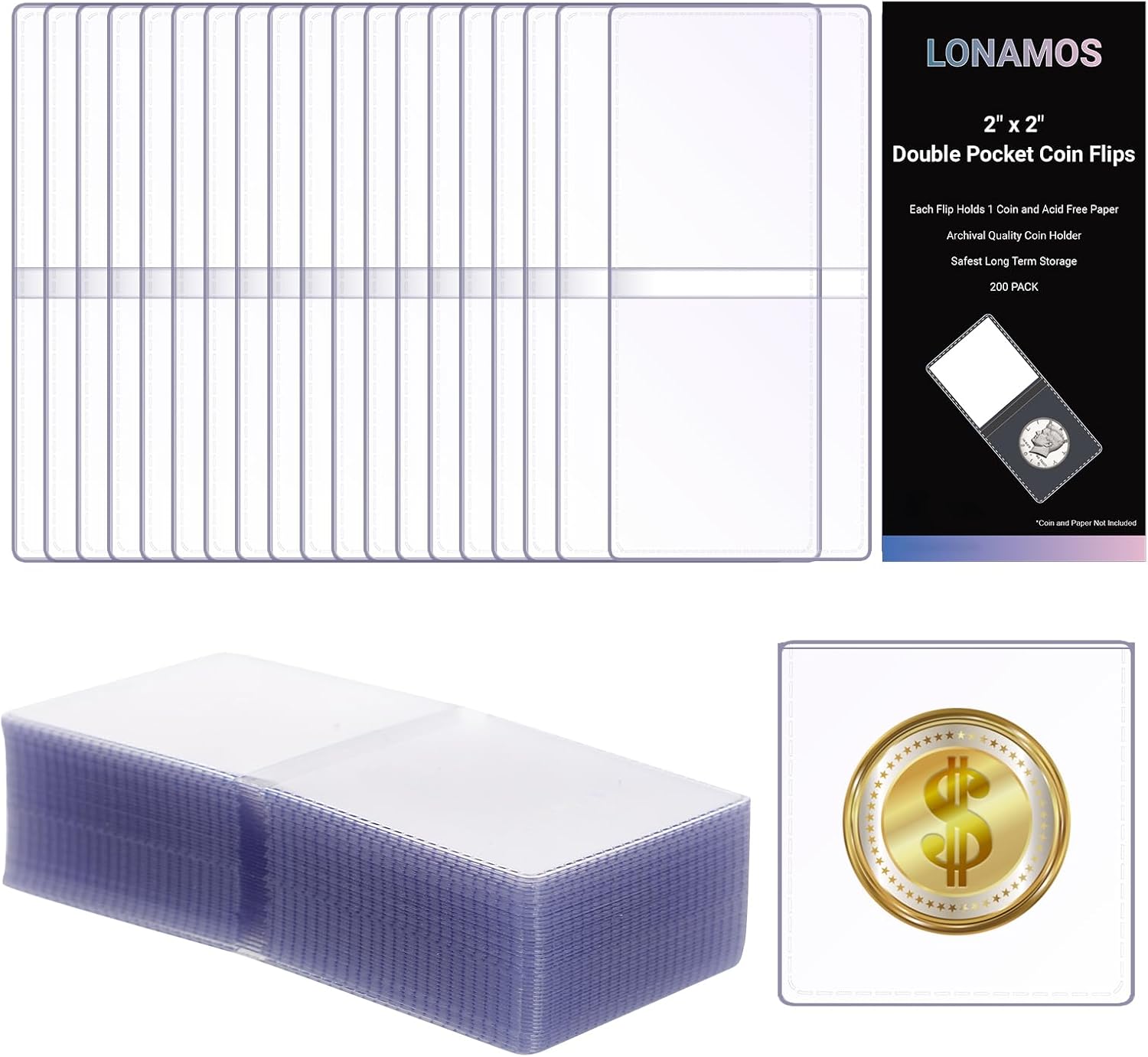 200-Pack 2 x 2 Inch Double-Pocket-Coin-Flips - Coin Pocket Holders, Unplasticized Coin Sleeves, Vinyl Coin Collection