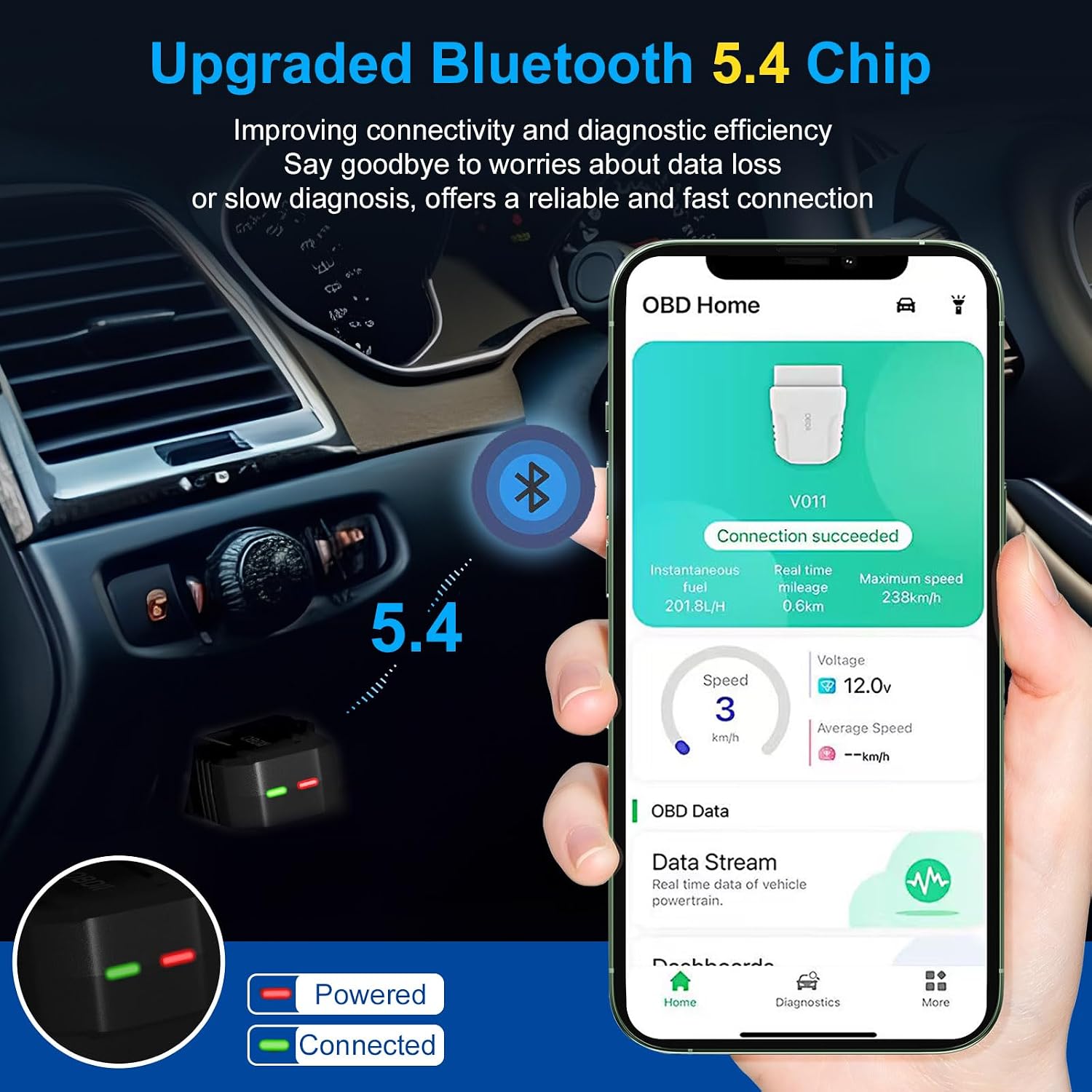OBD2 Scanner Bluetooth 5.4 for iOS and Android, Live Data, Code Reader | Check Engine Light Reset, Live Data &