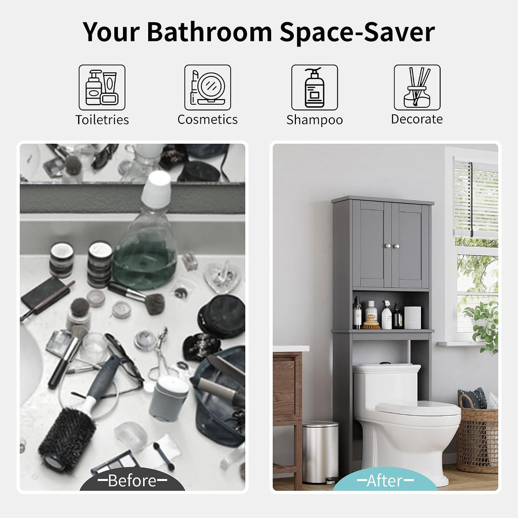 Over the Toilet Storage Cabinet, Bathroom Shelf Organizer with Anti-Tip Device Small Freestanding Space Saver with