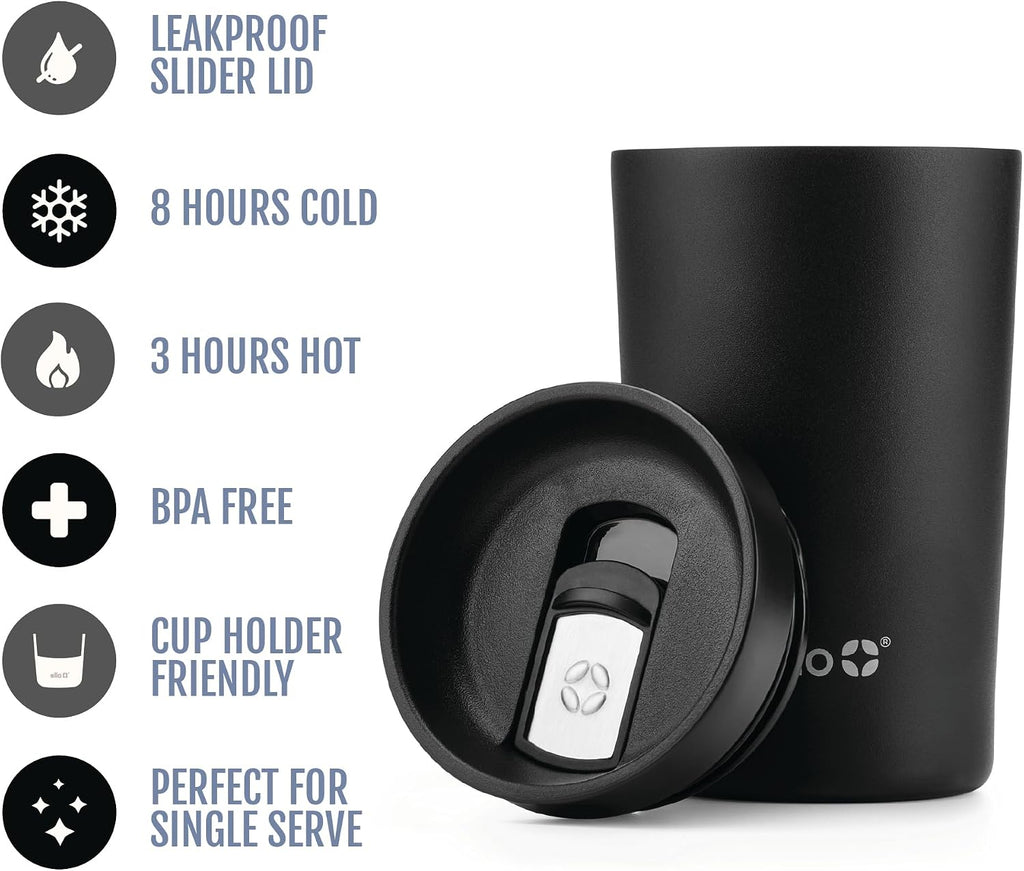 Jones 11oz Insulated Stainless Steel Leakproof Travel Mug, Black | Leakproof coffee cup keeps drinks hot for 3 hours.