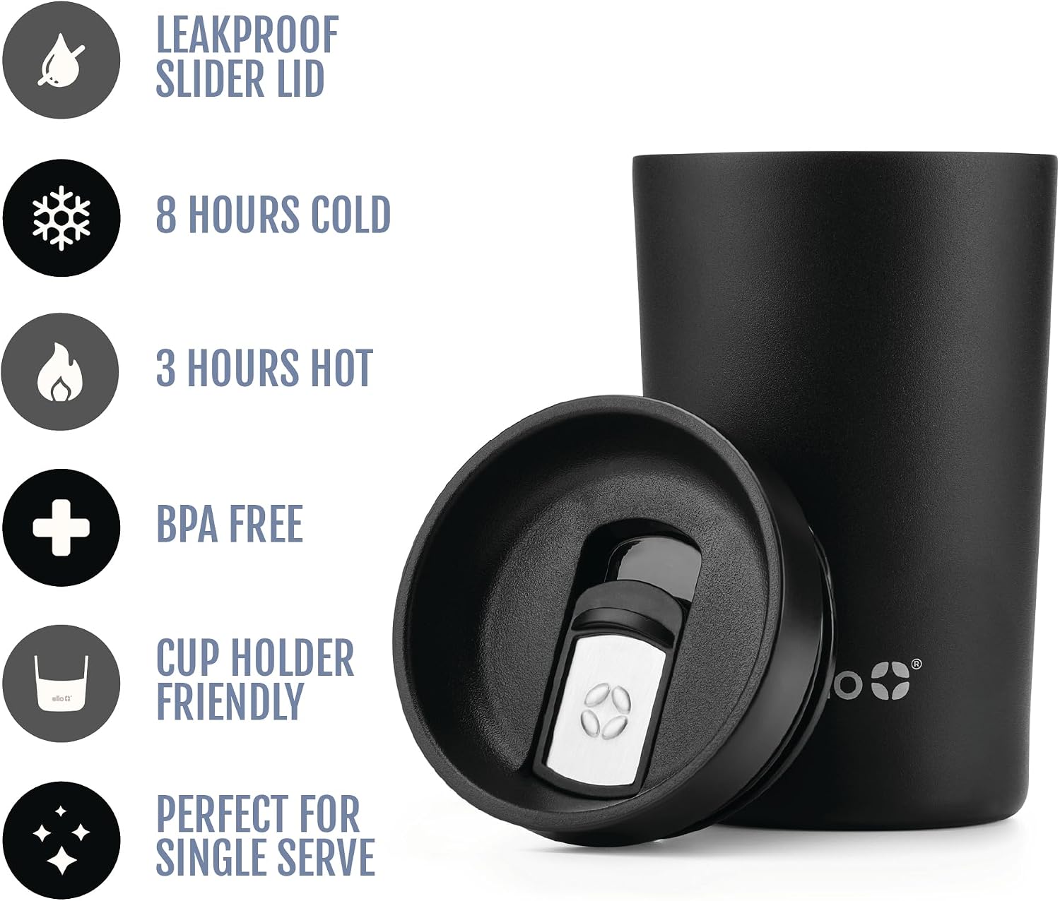 Jones 11oz Insulated Stainless Steel Leakproof Travel Mug, Black | Leakproof coffee cup keeps drinks hot for 3 hours.
