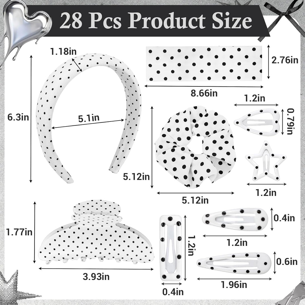 28 Pcs Polka Dot Hair Accessories Kit for Women Includes Fashion Headband, Elastic Band, Claw Clip, Mental Clips