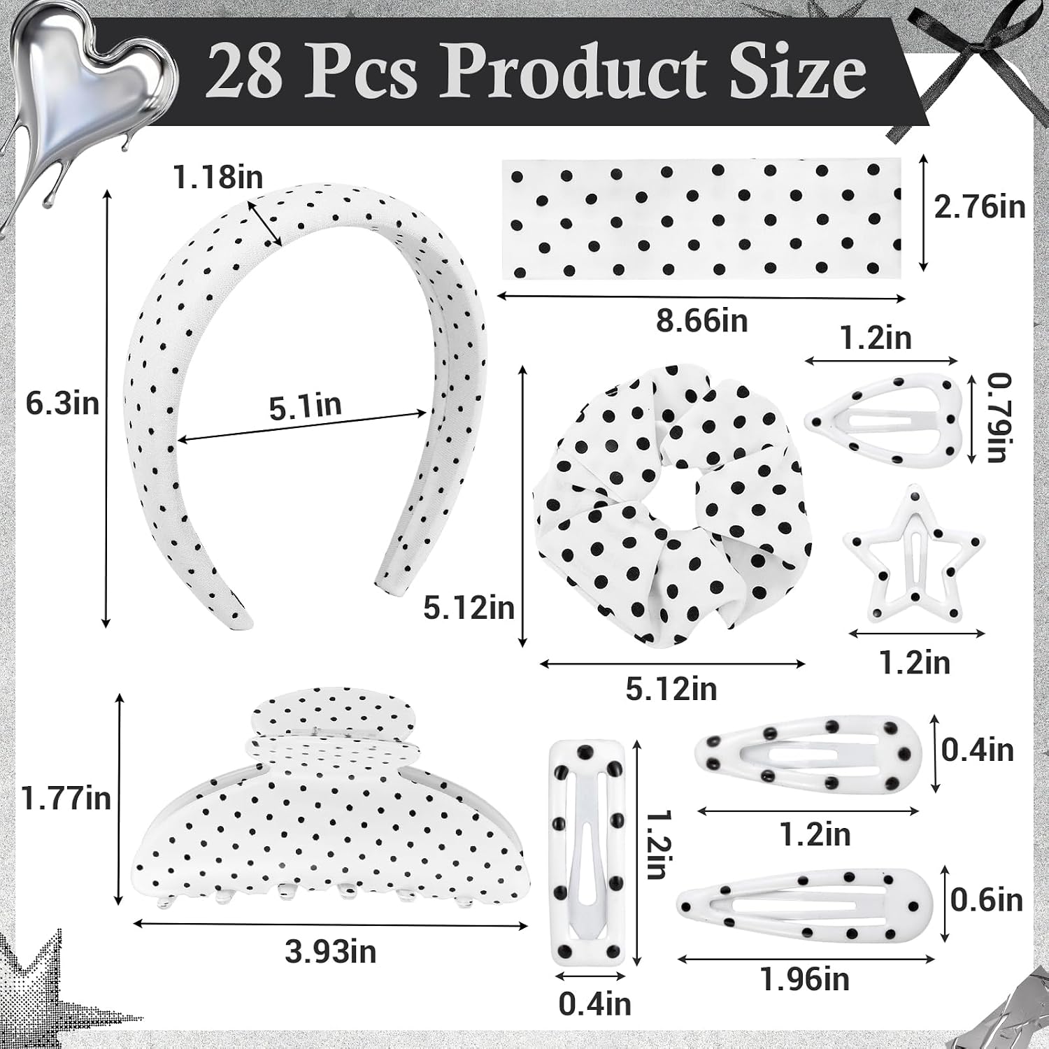 28 Pcs Polka Dot Hair Accessories Kit for Women Includes Fashion Headband, Elastic Band, Claw Clip, Mental Clips