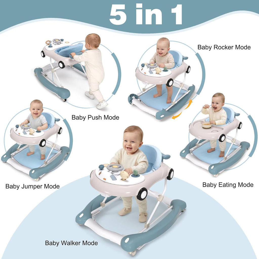 5-in-1 Convertible Baby Walker with Steering Wheel Music Activity Center – Infant Rocker, Jumper, Push Walker