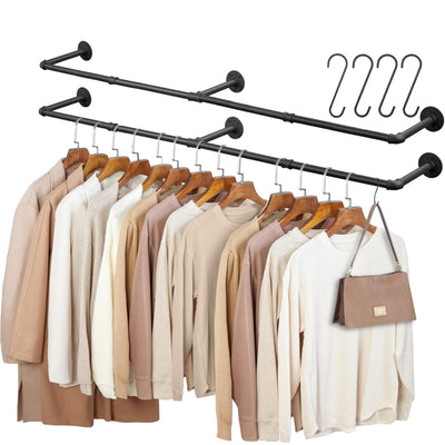 Industrial Pipe Clothing Rack, 66.1" Wall Mounted Clothes Rack Set of 2, Heavy Duty Closet Rod for Hanging Clothes