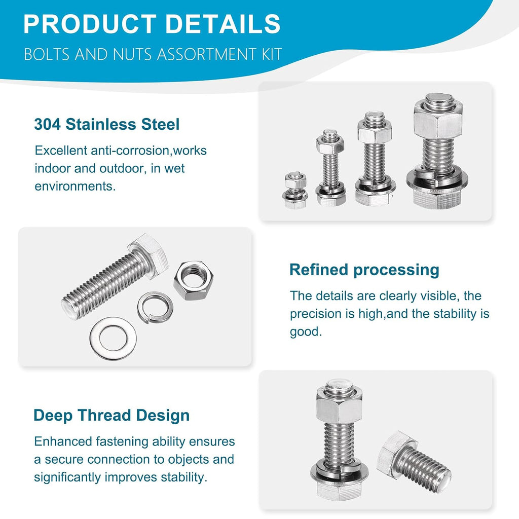 M12 x 140mm 304 Stainless Steel Bolts and Nuts Assortment Kit 2 Sets
