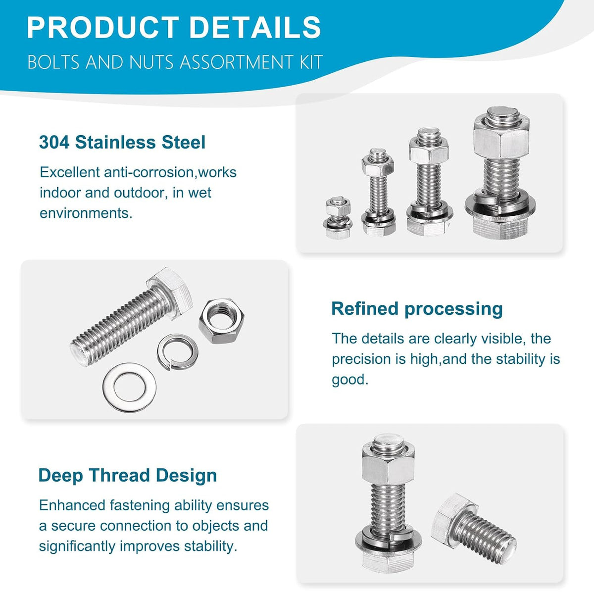 M12 x 140mm 304 Stainless Steel Bolts and Nuts Assortment Kit 2 Sets