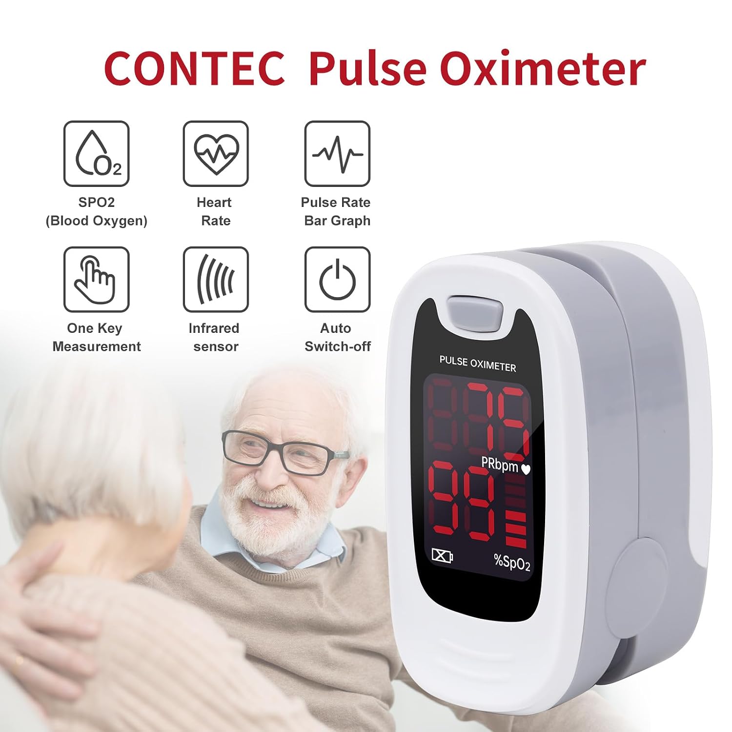 CMS50M Fingertip Pulse Oximeter SpO2 and PR Value Blood Oxygen Monitor Neck/Wrist Cord LED Display Gray White color