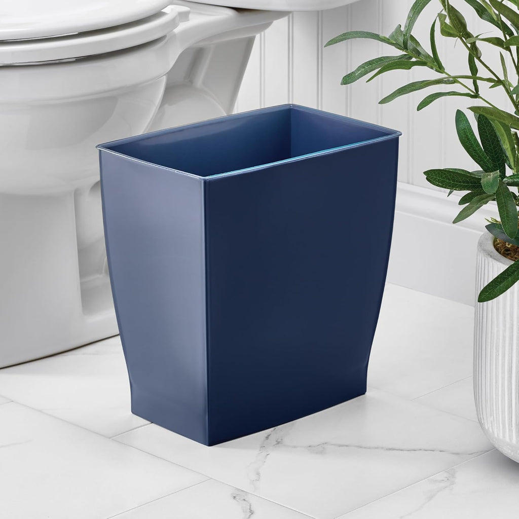 Small Plastic Bathroom Trash Can, Navy Blue | Slim Rectangle