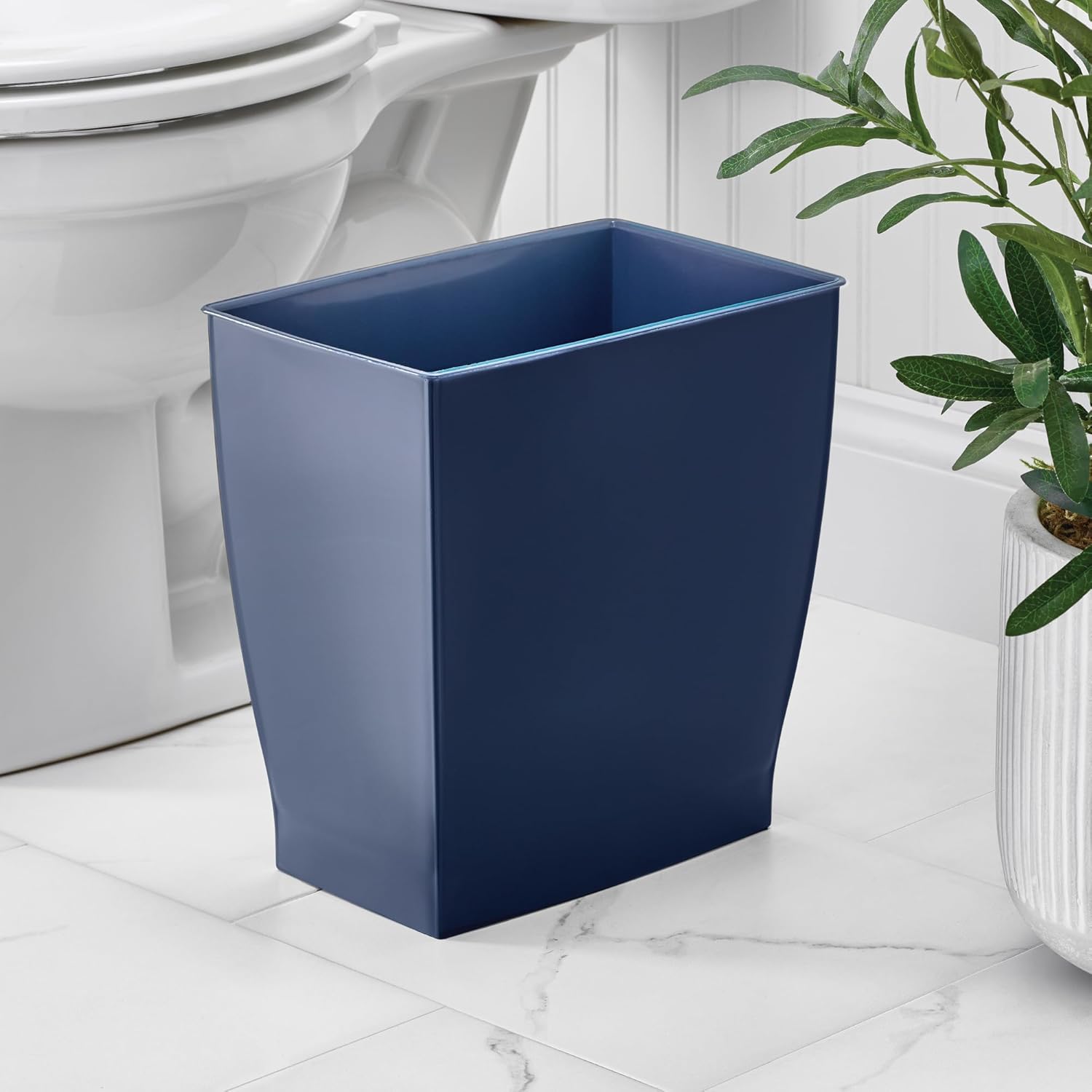 Small Plastic Bathroom Trash Can, Navy Blue | Slim Rectangle