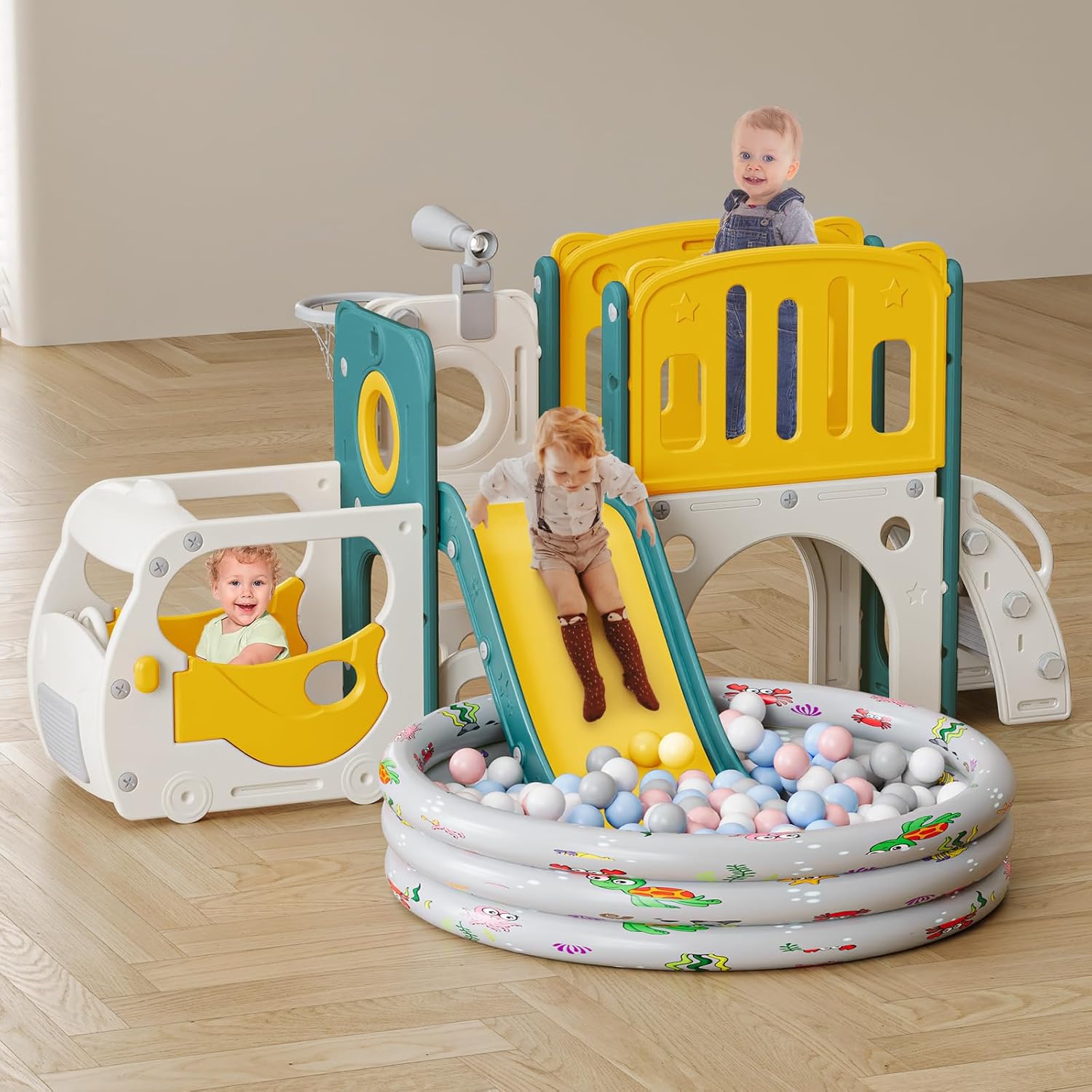 Toddler Slide Kids Slide Playset for Babies Bus Themed Toddler Playground with Climber Baskteball Hoop Indoor