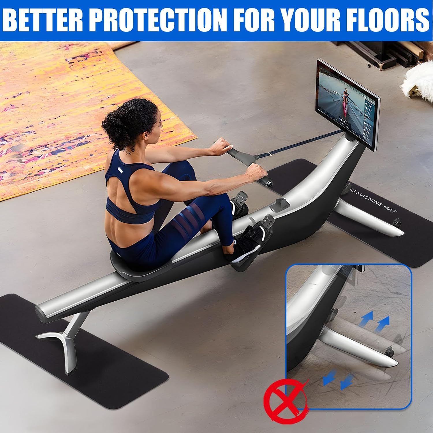 Non-Slip Mat Compatible with Peloton Bike, Concept 2 Rowing Machine | 2PCS Exercise Bike Mat, Protects for Hardwood