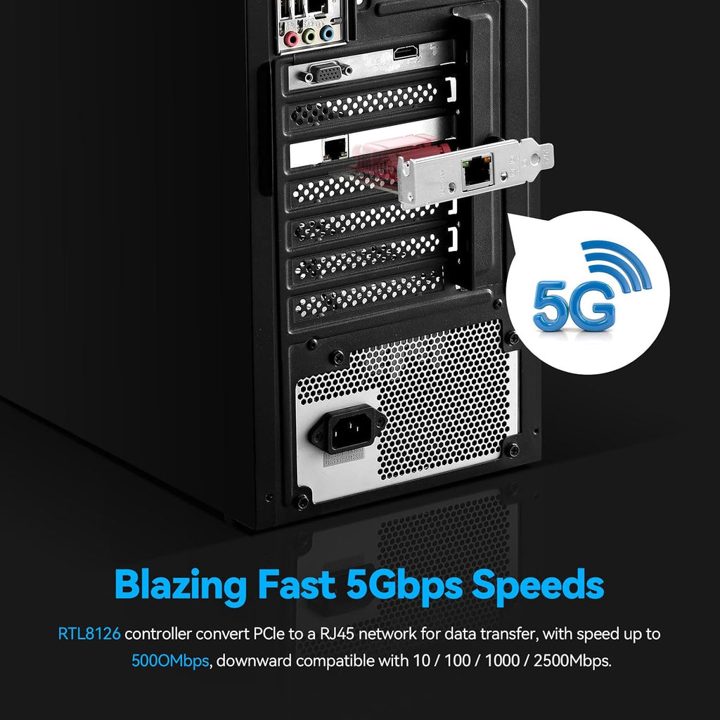 5Gbps PCIe Network Adapter, RTL8126 Chip Multi-Gigabit Ethernet Card (5G/2.5G/1G/100Mbps) PCIe 3.1 X1, RJ45 LAN Controller with PXE Boot, Low Profile Bracket for Windows/Linux
