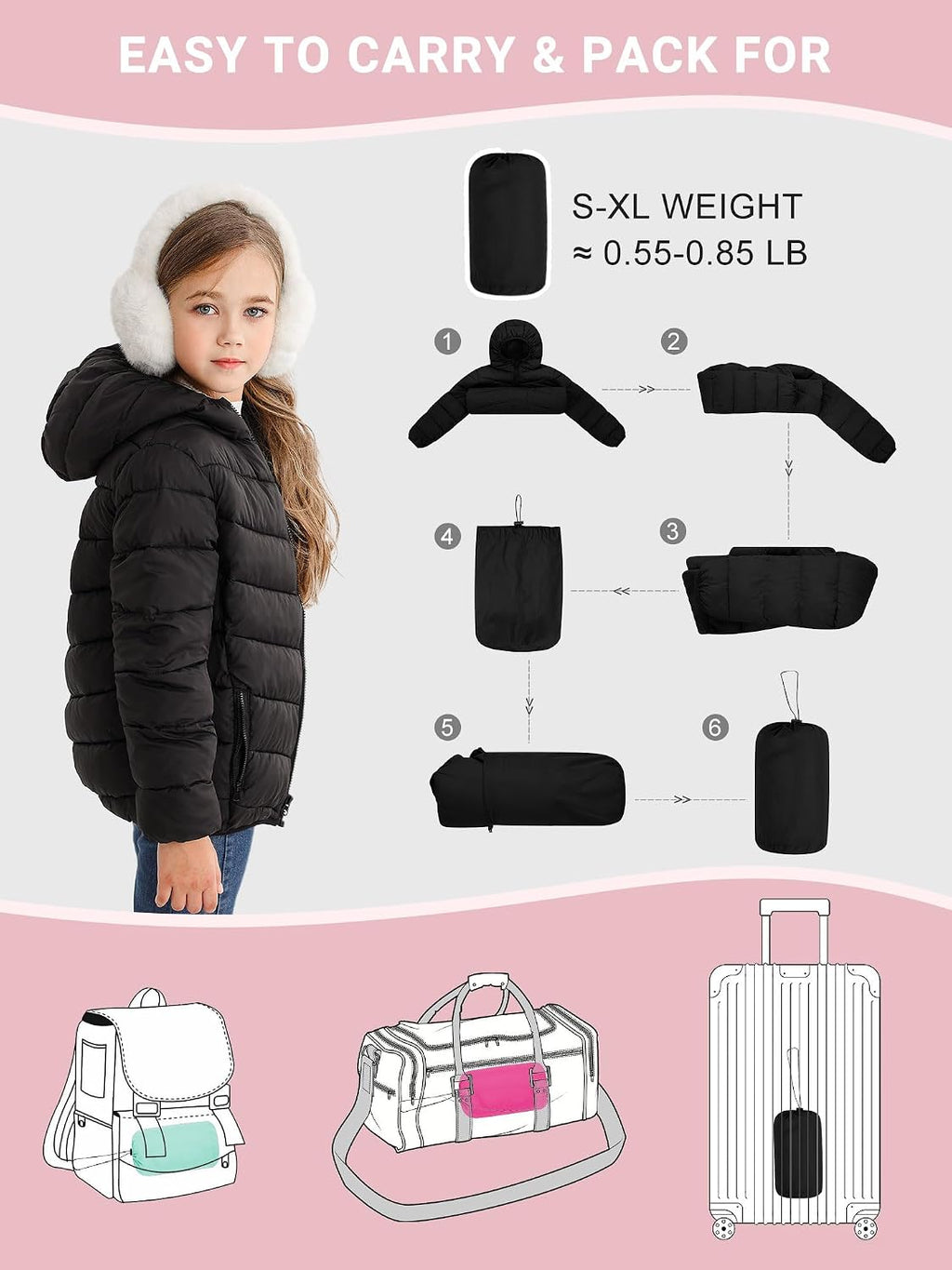 4-12 Years Girls Winter Coats Packable Lightweight Hooded Puffer Jackets with Pocket