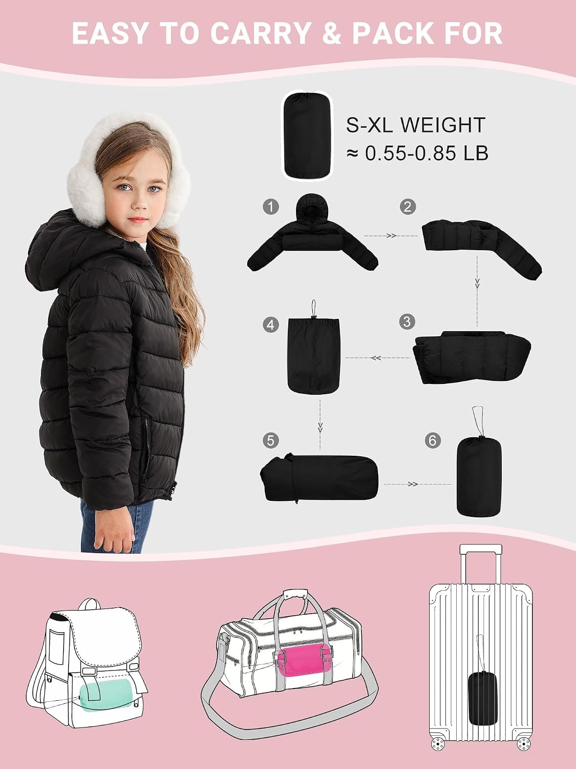 4-12 Years Girls Winter Coats Packable Lightweight Hooded Puffer Jackets with Pocket