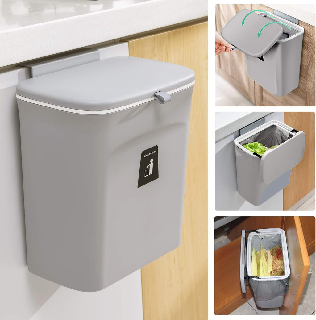 2.4 Gallon Kitchen Compost Bin for Counter Top or Under Sink, Hanging Small Trash Can with Lid for