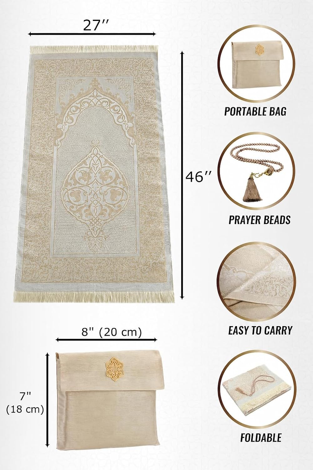 Muslim Prayer Rug with 99 Beads Tasbih & Travel Bag, Soft Taffeta Sajadah, Lightweight & Foldable Janamaz, Portable